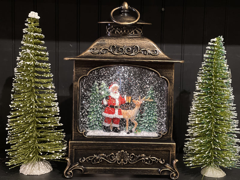 GLITTER LANTERN BRONZE RECTANGLE SANTA & DEER MUSICAL XACMUS01