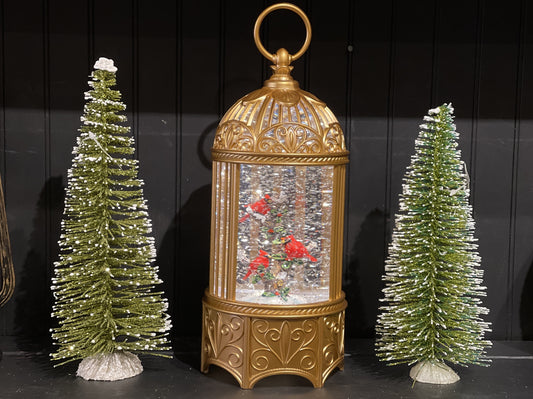 GLITTER LANTERN HEXAGON GOLD BIRD CAGE WITH CARDINALS XAC345