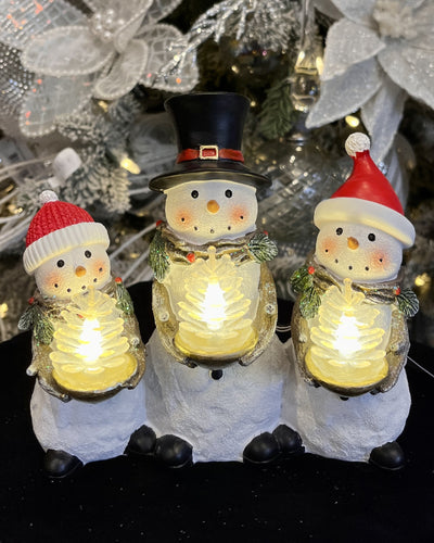 TRIO OF SNOWMEN WITH LED PINECONES XHM04