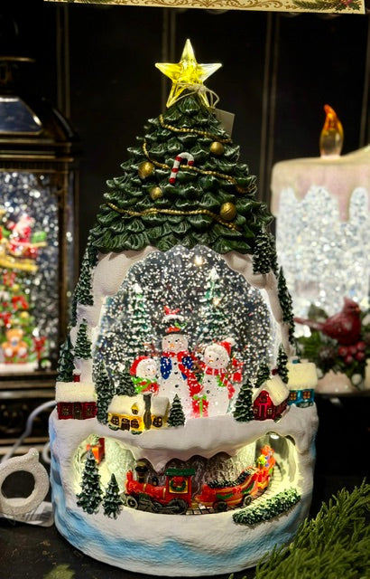 GLITTER LANTERN - 32cm Xmas Tree with Snow Family XAC488