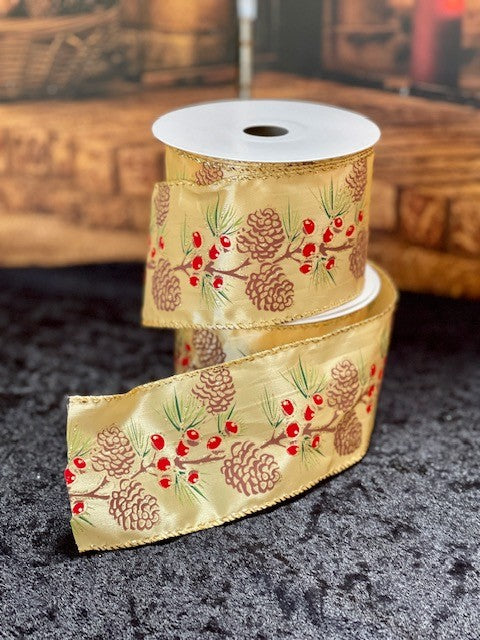 SHEER GOLD WITH PINE CONE WIRE EGED RIBBON 4258364