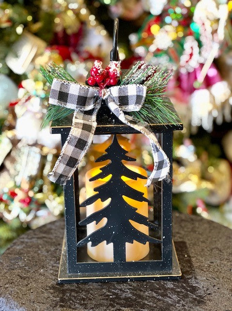 LED LANTERN TREE WITH CANDLE & FARMHOUSE CHECK BOW
