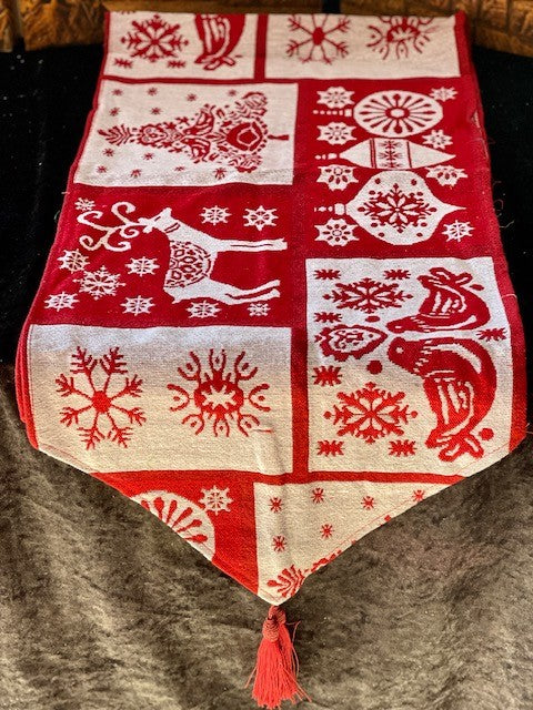 RED & WHITE CHRISTMAS BELLS TAPESTRY TABLE RUNNER
