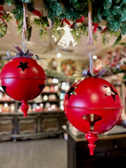 RED MEDIUM METAL BELL WITH FINIAL & SILVER BOW HANGING 4288401