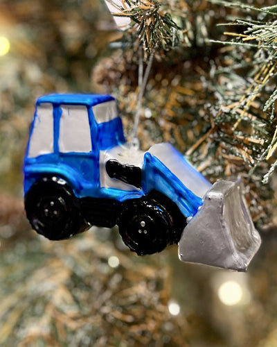 BLUE BULLDOZER GLASS HANGING ORNAMENT 4289205