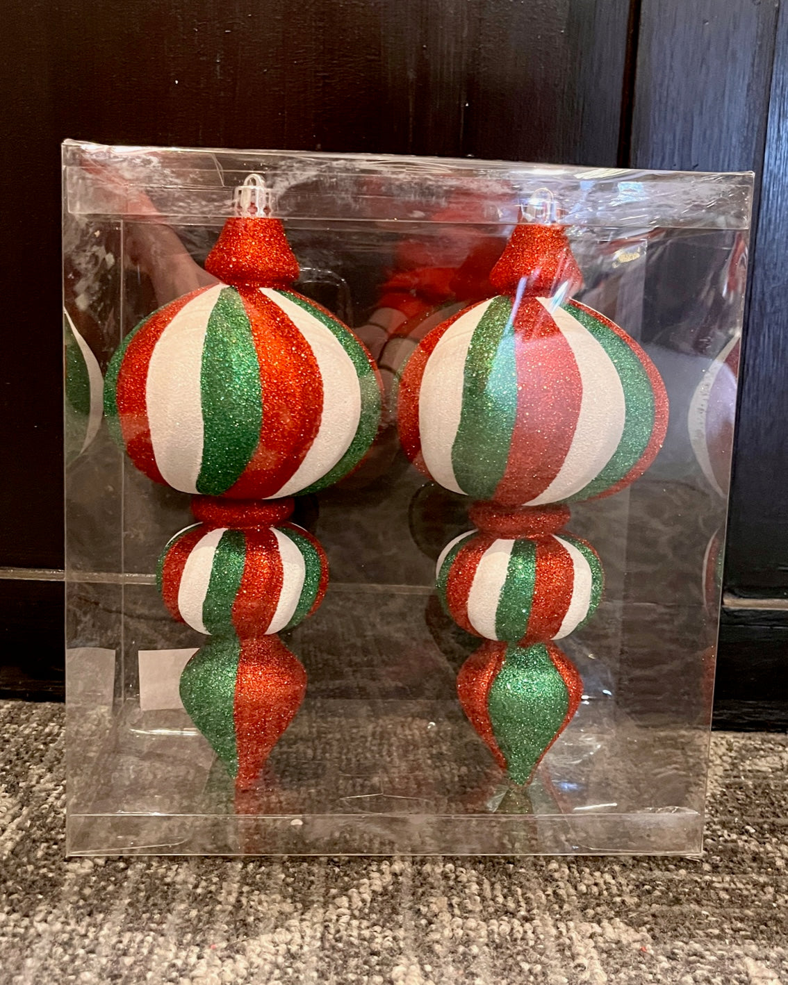 SET OF 2 GREEN & WHITE CANDY DROP SHATTERPROOF ORNAMENTS 4295307