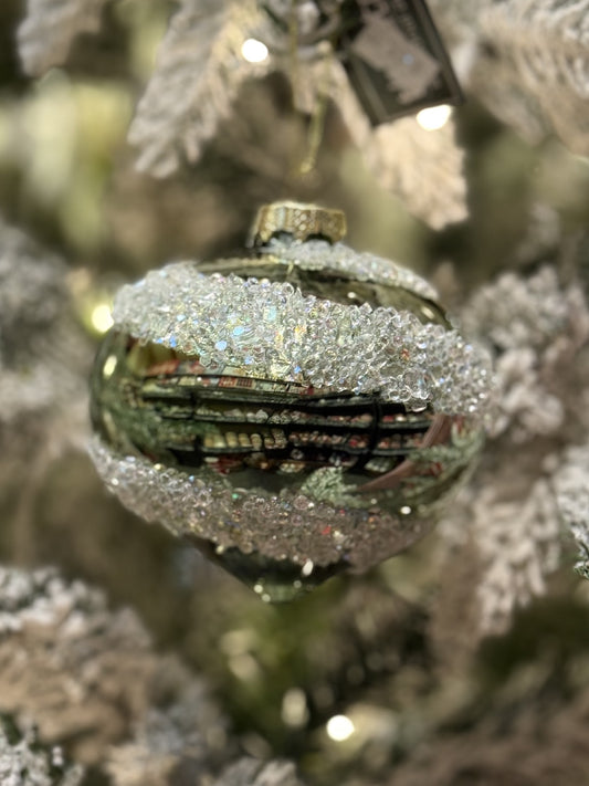 SAGE GREEN WITH CRYSTAL SWIRL ONION GLASS HANGING ORNAMENT SDX307