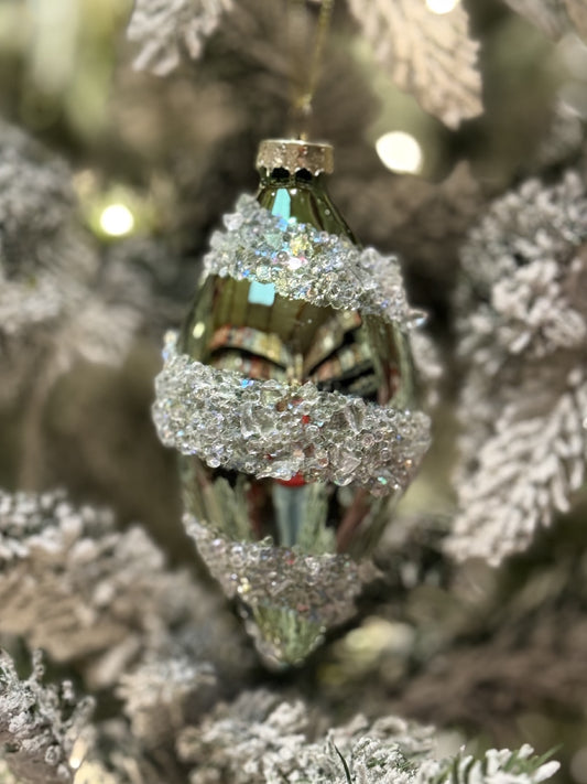SAGE GREEN WITH CRYSTAL SWIRL TEARDROP GLASS HANGING ORNAMENT SDX308 