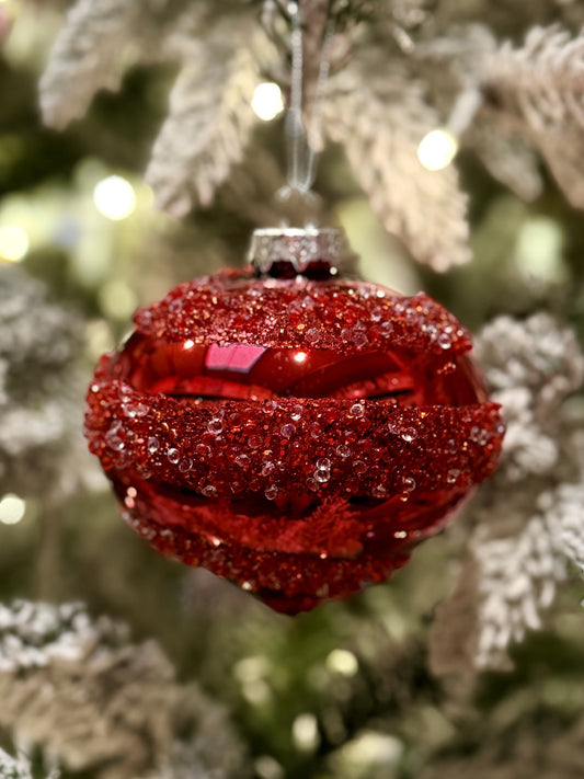 RED WITH CRYSTAL SWIRL ONION GLASS HANGING ORNAMENT SDX316 