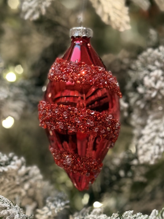 RED WITH CRYSTAL SWIRL TEARDROP GLASS HANGING ORNAMENT SDX317