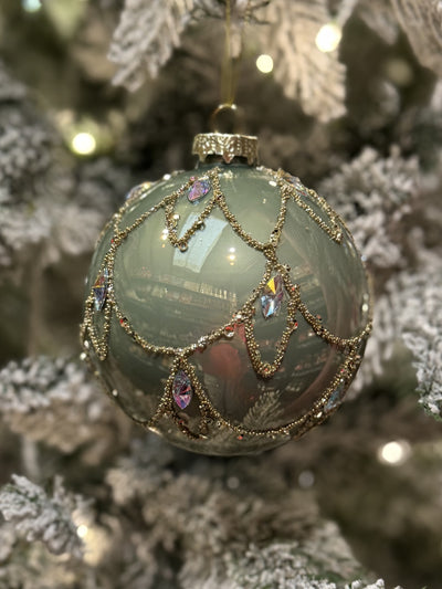 SAGE GREEN WITH GOLD SWAG ROUND GLASS HANGING ORNAMENT SDX318