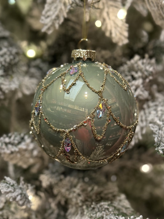 SAGE GREEN WITH GOLD SWAG ROUND GLASS HANGING ORNAMENT SDX318 
