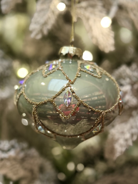 SAGE GREEN WITH GOLD SWAG ONION GLASS HANGING ORNAMENT SDX319