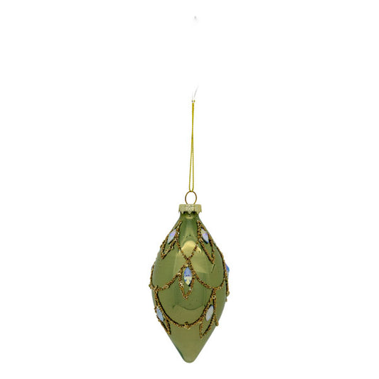 SAGE GREEN WITH GOLD SWAG TEARDROP GLASS HANGING ORNAMENT SDX320