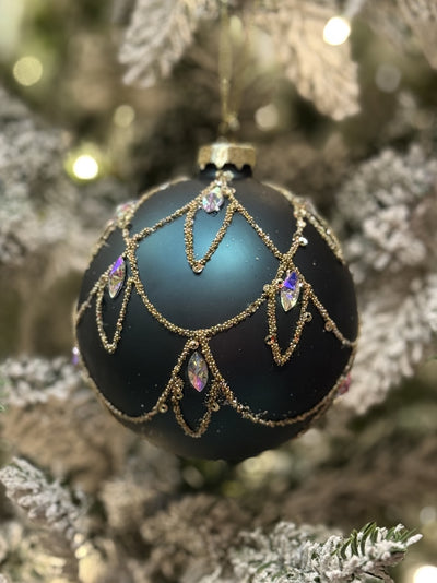 TEAL WITH GOLD SWAG ROUND GLASS HANGING ORNAMENT SDX330