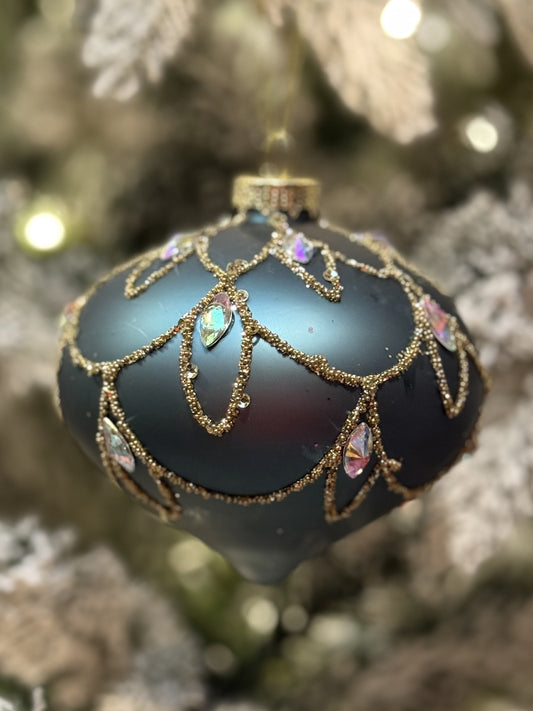 TEAL WITH GOLD SWAG ONION GLASS HANGING ORNAMENT SDX331