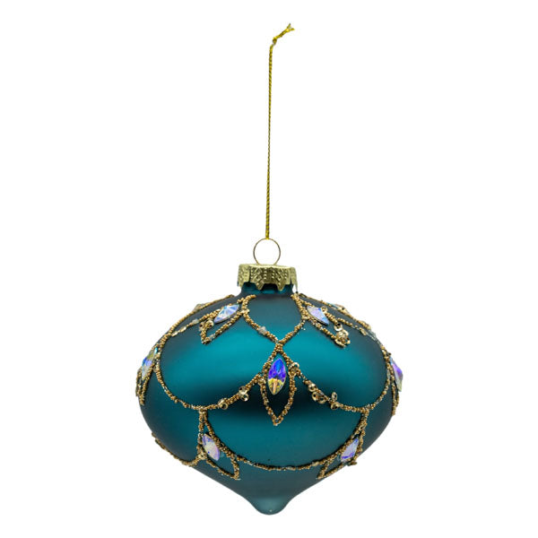 TEAL WITH GOLD SWAG ONION GLASS HANGING ORNAMENT SDX331