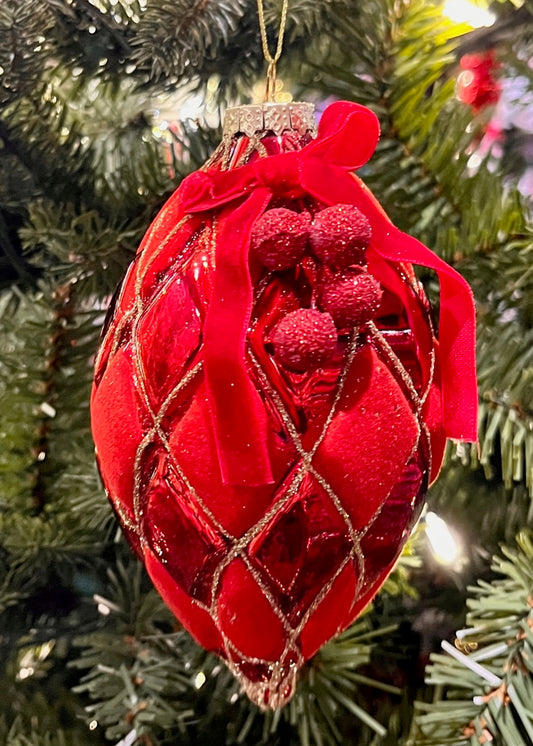 RED VELVET HARLEQUIN GLASS TEARDROP ORNAMENT SPQ047