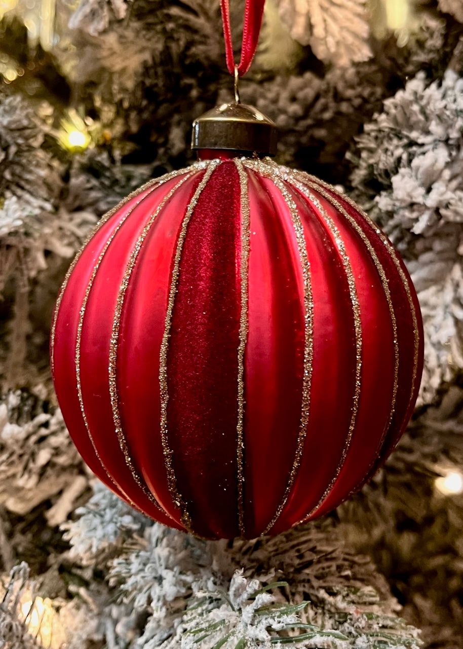 RED FLOCKED STRIPE GLASS ROUND ORNAMENT SPQ059