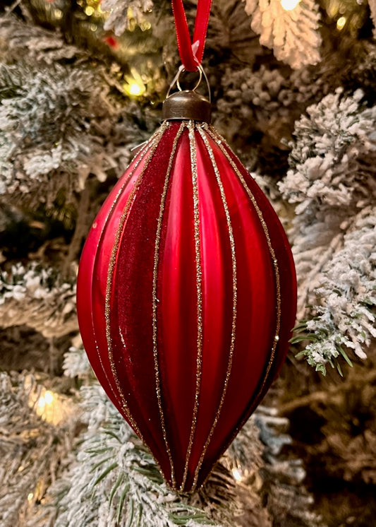 RED FLOCKED STRIPE GLASS TEARDROP ORNAMENT SPQ060