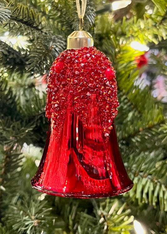 RED BEAD CRUSTED GLASS BELL ORNAMENT SPQ184