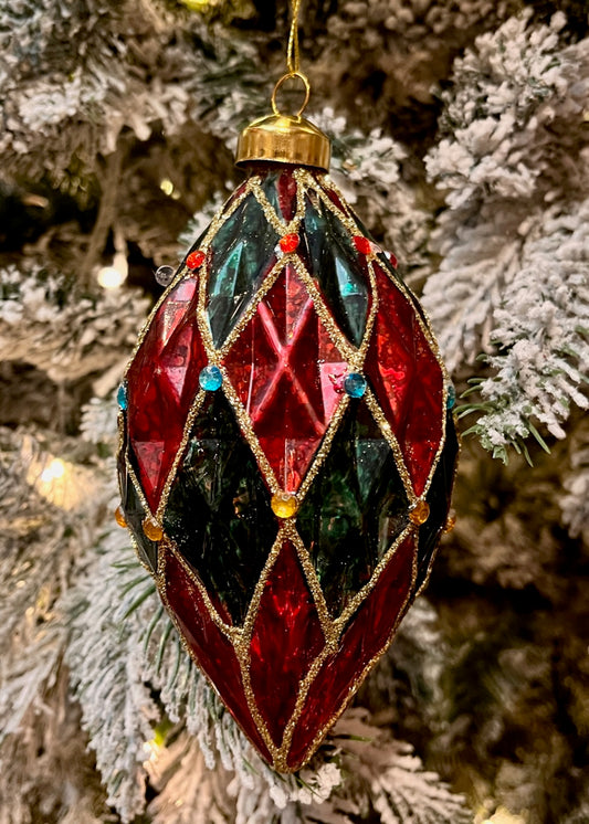 RED & GREEN HARLEQUIN GLASS TEARDROP ORNAMENT SPQ198