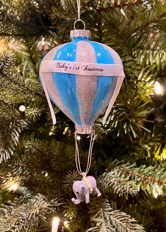 BABY'S 1ST BLUE BALLOON WITH ELEPHANT GLASS ORNAMENT SPQ257