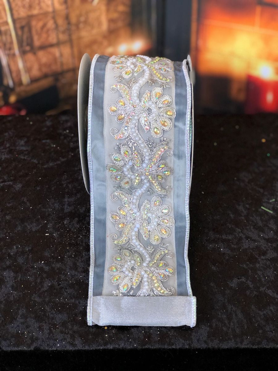 SILVER VELOUR WITH LACE RIBBON DOM009