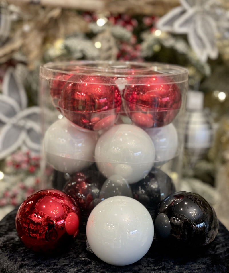 RED, BLACK, WHITE GLASS MIXED PACK 12 BAUBLES FHAN005