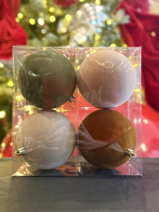 10cm Ball Set 4 Earthy Mocha Flocked ORNAMENTS C6WA400