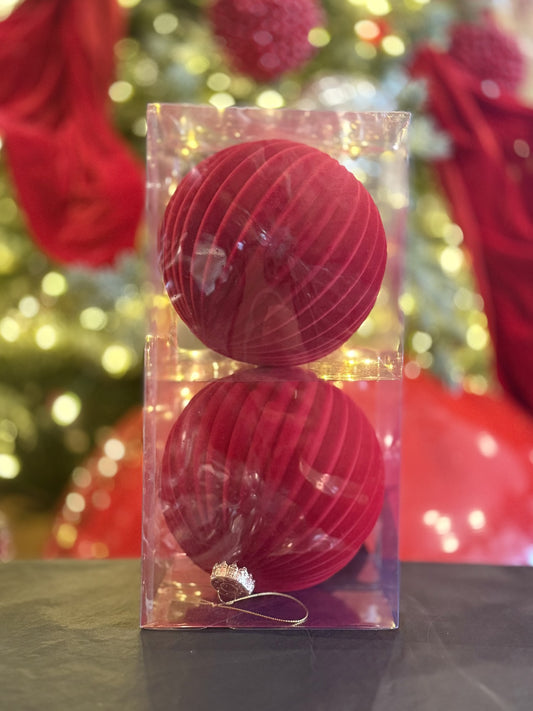 15cm Set of 2 Lined Flocked Red Ball  ORNAMENTS C6WA420