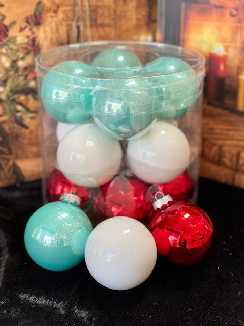 RED WHITE AQUA GLASS ORNAMENTS PACK OF 12 GHAN009