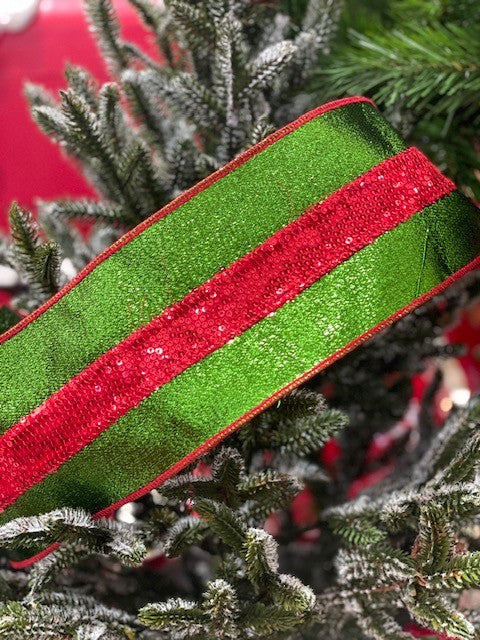 GREEN METALLIC WITH SEQUIN RED STRIPE RIBBON GOC017