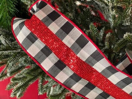 BLACK WHITE CHECKED WITH RED SEQUIN STRIPE RIBBON GOC039