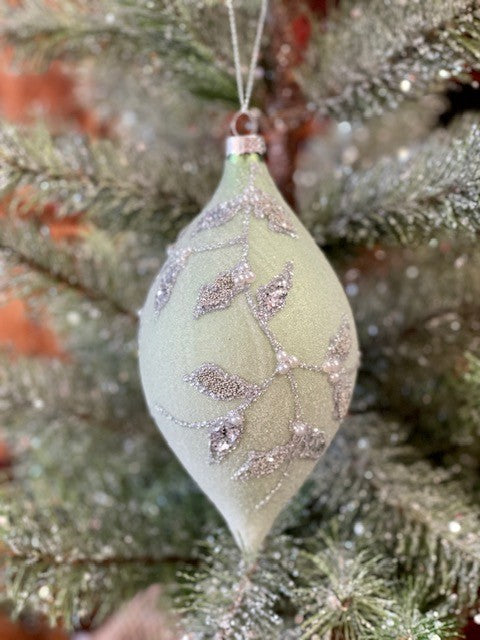 FROSTED MINT WITH LEAF DESIGN TEARDROP ORNAMENT - GQAM145