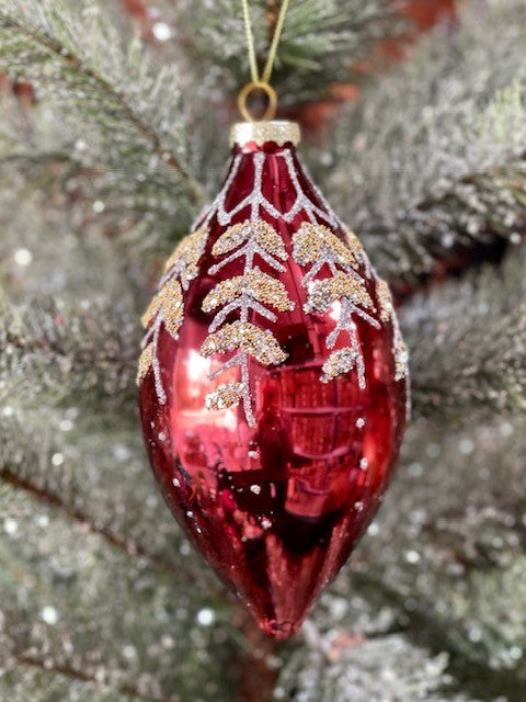 RED SHINY WITH SILVER & GOLD LEAF TEARDROP ORNAMENT GQAM194