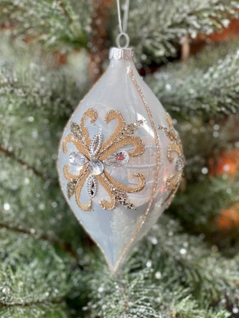 WHITE WITH GOLD FLOWER TEARDROP ORNAMENT GQAM323
