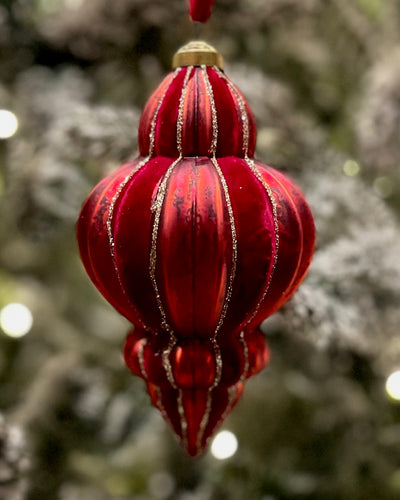 RED MERCURY GLASS & VELOUR FINIAL HANGING ORNAMENT GQAM386