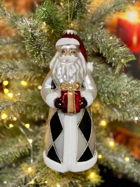 BLACK & WHITE HARLEQUIN SANTA GLASS ORNAMENT GQAM449