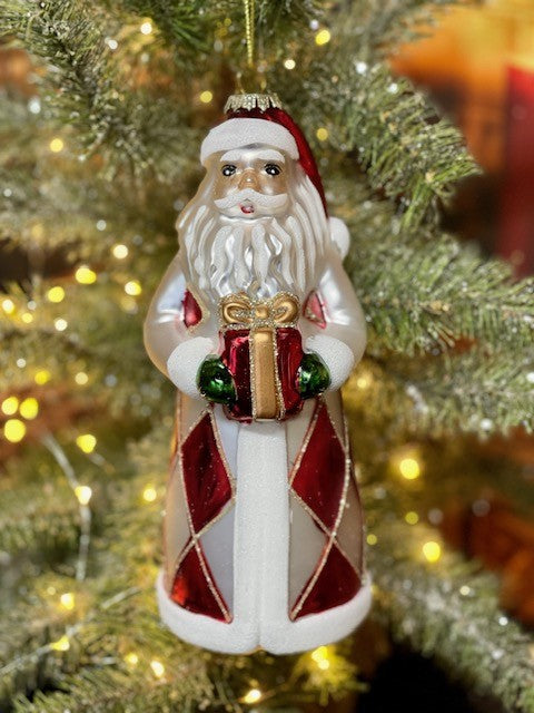 HARLEQUIN RED/WHITE SANTA GLASS ORNAMENT GQAM450