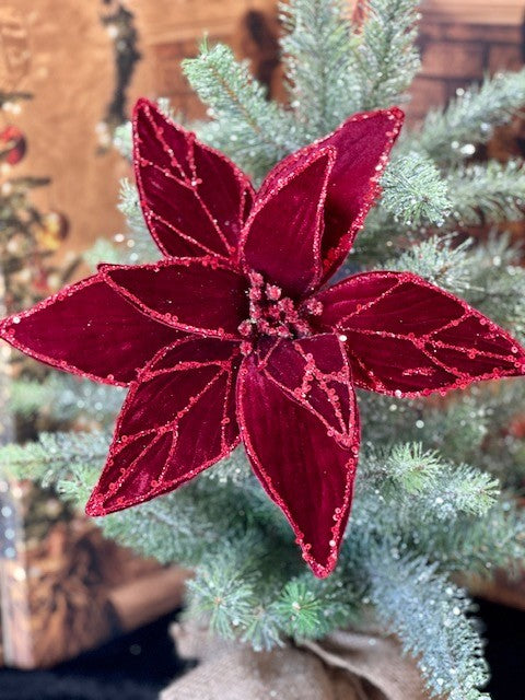 BURGUNDY VELOUR GLITTER FLOWER GGF065