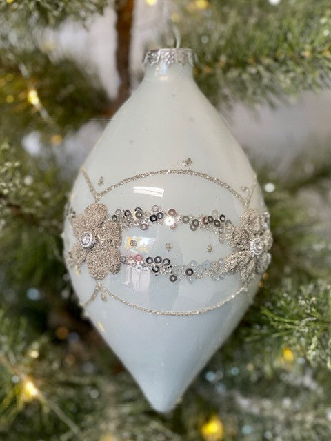 WHITE FLORAL TEARDROP ORNAMENT - JQAM312