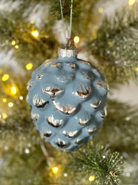 SNOWY BLUE PINECONE HANGING ORNAMENT BXI021