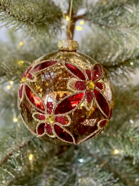 GOLD RED FLORAL ROUND GLASS HANGING ORNAMENT MA015