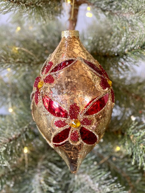 GOLD RED FLORAL TEARDROP GLASS HANGING ORNAMENT MA016