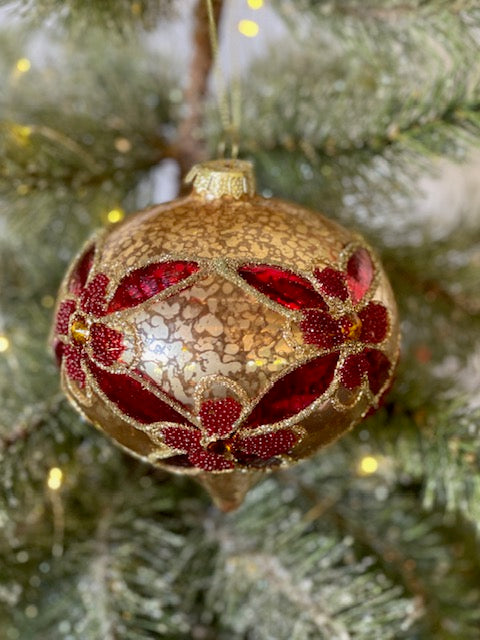 GOLD RED FLORAL ONION GLASS HANGING ORNAMENT MA017