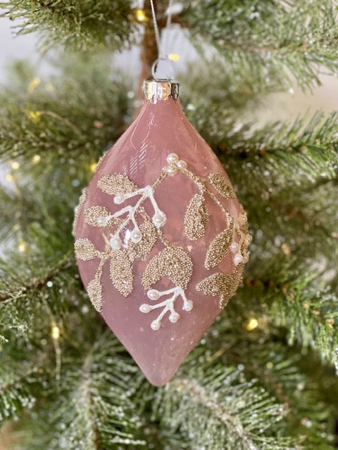 PINK SILVER LEAF TEARDROP GLASS HANGING ORNAMENT MA061