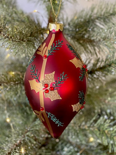 RED TRADITIONAL HOLLY TEARDROP GLASS HANGING ORNAMENT MA084