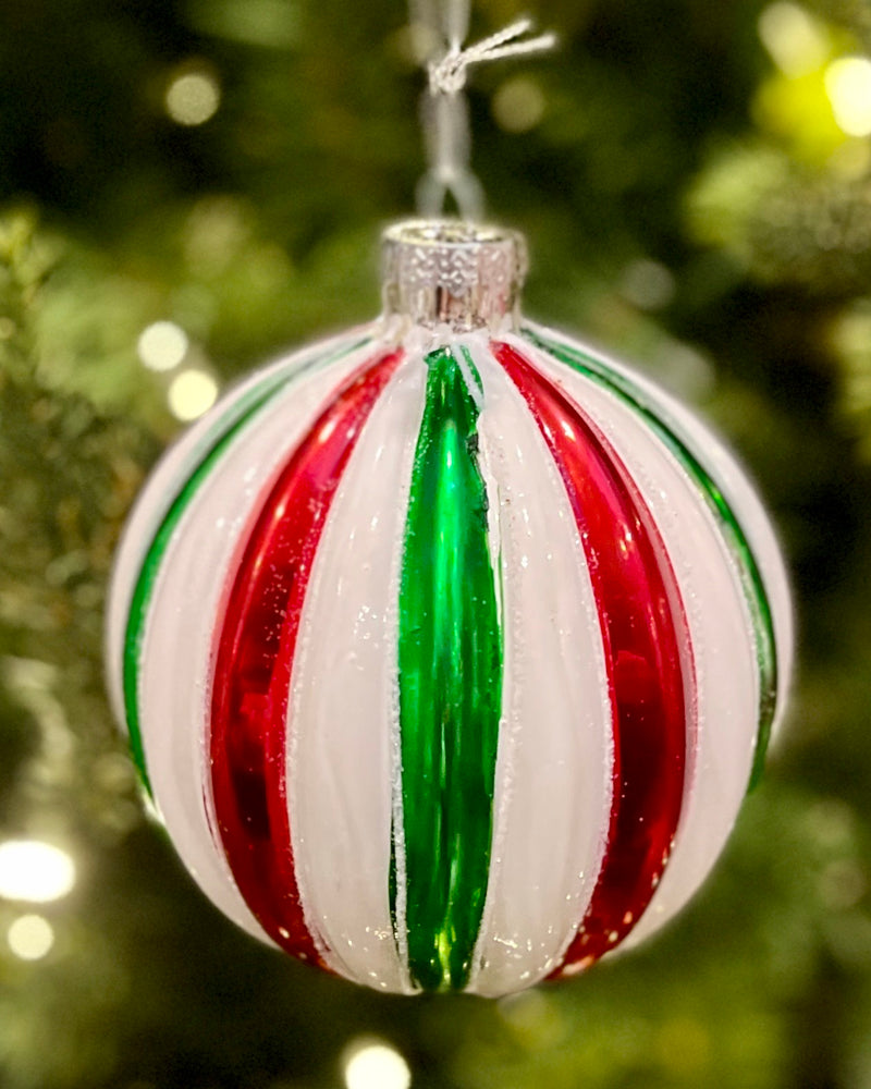 RED WHITE GREEN STRIPE ROUND GLASS HANGING ORNAMENT MA096