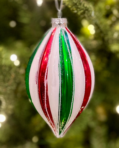 RED WHITE GREEN STRIPED TEARDROP GLASS HANGING ORNAMENT MA097